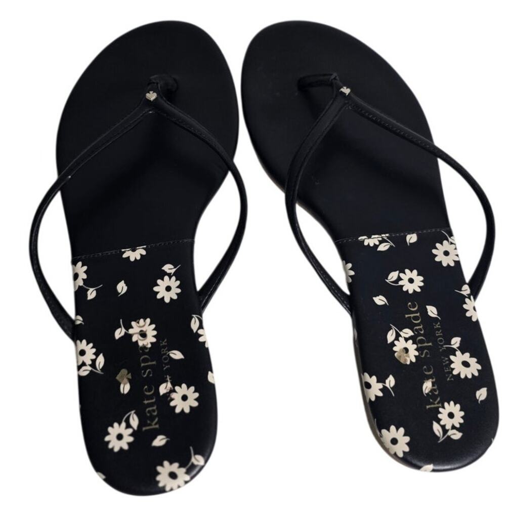 Womens Kate Spade Flip Flops Size 7 Black Floral Thong Sandals Coastal Cottage